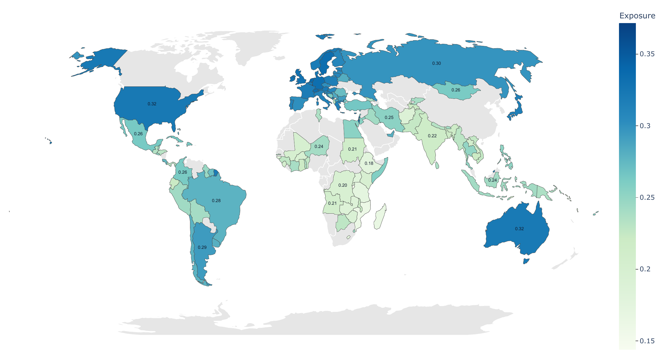 World map shaded by national AI exposure.